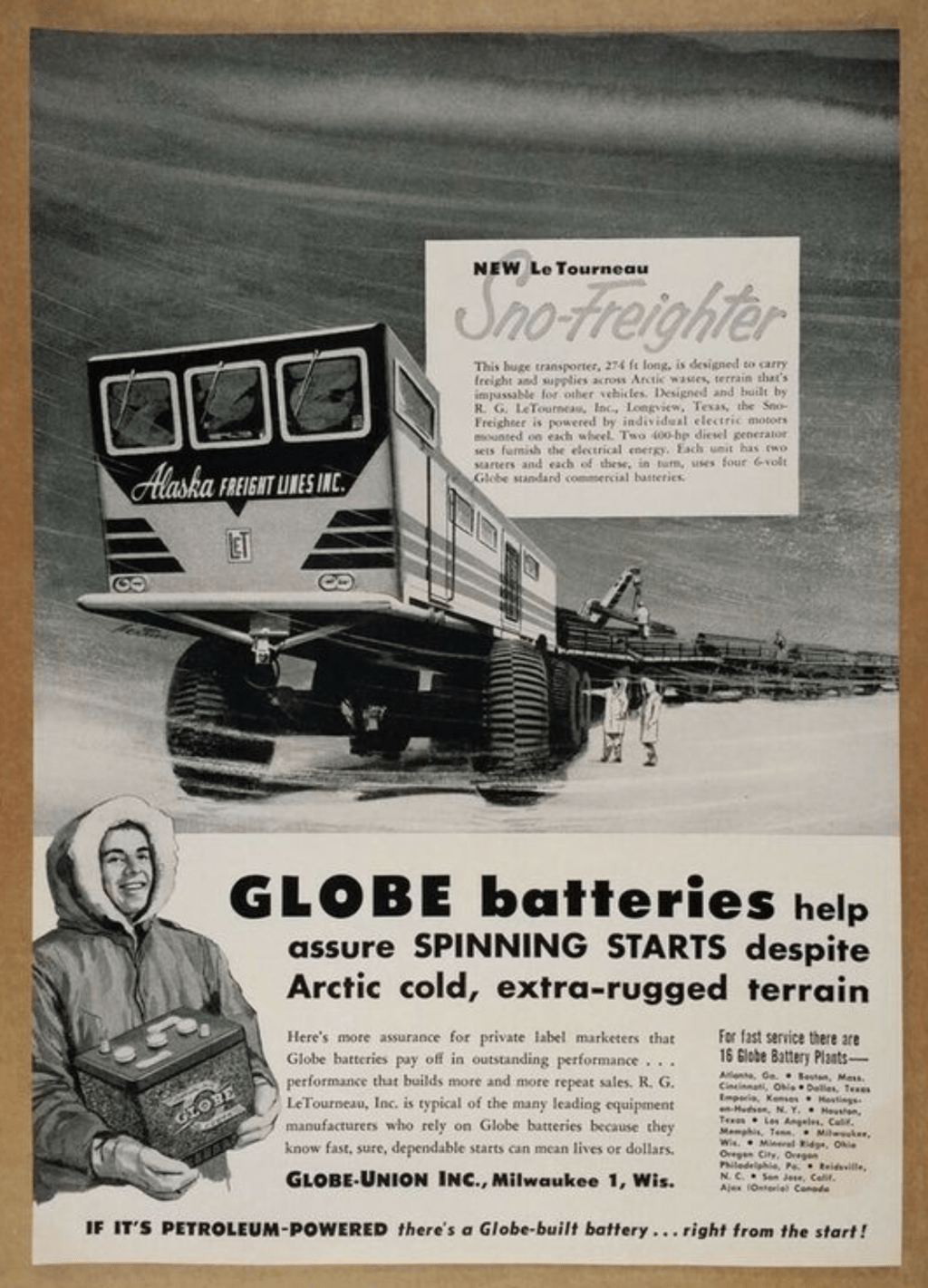 Sno-Freighter Globe-Union Inc. Batteries&nbsp;Advertisement